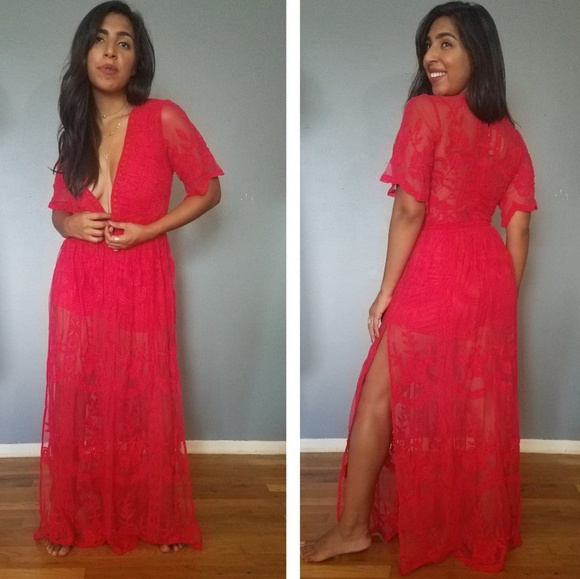 BOHO RED EMBROIDERED MAXI ROMPER DRESS - Picture 3 of 8